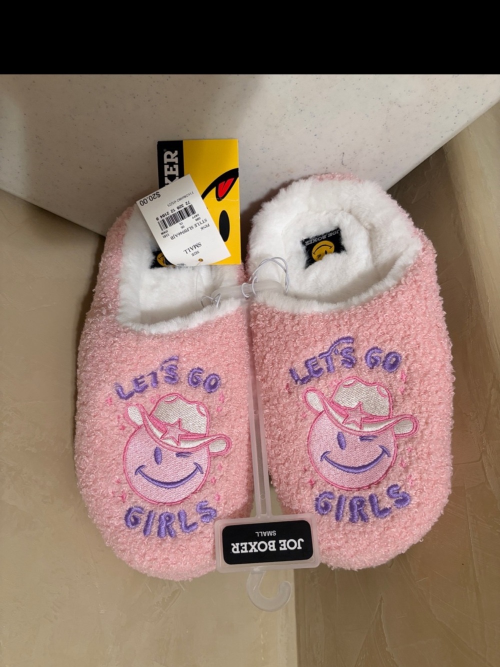 Joe Boxer Pink Let’s Go Girls Plush Slip-On Slippers with Embroidered Graphic